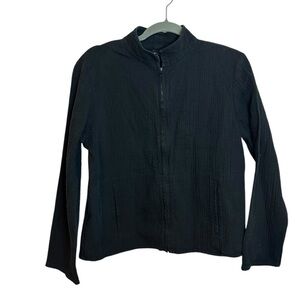 Eileen Fisher Black Textured Crinkle Zip Front Jacket